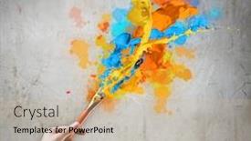  Presentation with paint brush - Cool new slide deck with close-up of human hand holding paint brush making colorful paint splashes backdrop and a coral colored foreground