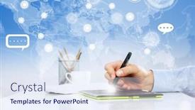  Presentation with strategy plan - Presentation having close up of human hand drawing business strategy plan background and a sky blue colored foreground