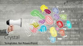  Presentation with announcement - Presentation theme consisting of close up of human hand holding megaphone with flying out announcement background and a light gray colored foreground