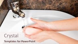  Presentation with human being - Presentation design consisting of close-up of human hands being washed under faucet in bathroom background and a lemonade colored foreground