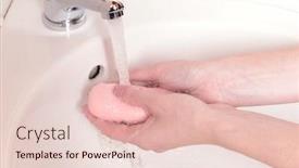  Presentation with human being - Presentation with close-up of human hands being washed under faucet in bathroom background and a lemonade colored foreground