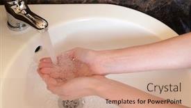  Presentation with human being - Presentation consisting of close-up of human hands being washed under faucet in bathroom background and a coral colored foreground