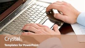  Presentation with busy work - Audience pleasing presentation consisting of close-up of human hands over laptop keyboard during busy work backdrop and a coral colored foreground