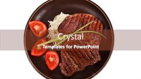  Presentation with dark green - Beautiful slide set featuring close-up of juicy sirloin beef with pasta tomatoes and green onion on dark dish isolated over white background backdrop and a tawny brown colored foreground