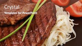  Presentation with dark green - Cool new PPT layouts with close-up of juicy sirloin beef with pasta tomatoes and green onion on dark dish isolated over white background backdrop and a tawny brown colored foreground