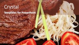  Presentation with dark green - Audience pleasing theme consisting of close-up of juicy sirloin beef with pasta tomatoes and green onion on dark dish isolated over white background backdrop and a tawny brown colored foreground