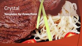  Presentation with dark green - Slide set featuring close-up of juicy sirloin beef with pasta tomatoes and green onion on dark dish isolated over white background background and a tawny brown colored foreground