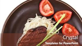  Presentation with dark green - Presentation theme consisting of close-up of juicy sirloin beef with pasta tomatoes and green onion on dark dish isolated over white background background and a tawny brown colored foreground