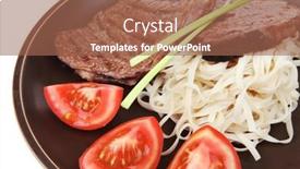  Presentation with dark green - Audience pleasing PPT theme consisting of close-up of juicy sirloin beef with pasta tomatoes and green onion on dark dish isolated over white background backdrop and a coral colored foreground