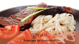  Presentation with dark green - Theme enhanced with close-up of juicy sirloin beef with pasta tomatoes and green onion on dark dish isolated over white background background and a red colored foreground