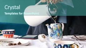  Presentation with tea cup - Beautiful PPT theme featuring close up of kettle pouring backdrop and a ocean colored foreground