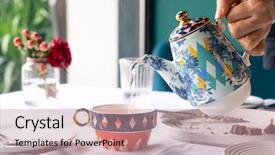  Presentation with close up pouring oil - Slide set with close up of kettle pouring background and a coral colored foreground