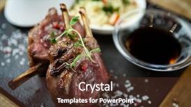  Presentation with couscous - Presentation consisting of close up of lamb chops with couscous and vegetables with a sauce of caramel and spices in a restaurant setting background and a tawny brown colored foreground