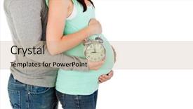  Presentation with parents - Presentation theme having close-up of loving future parents holding a clock against a white background background and a coral colored foreground