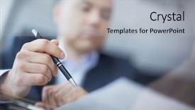  Presentation with pen - Presentation theme with close-up of male hand background and a light gray colored foreground