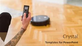  Presentation with vacuum cleaner robot - Theme enhanced with close up of man hands controling automatic vacuum cleaner using electronic control of the mopping robot background and a yellow colored foreground