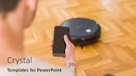  Presentation with robot electronic - Beautiful presentation design featuring close up of man hands controling automatic vacuum cleaner using electronic control of the mopping robot backdrop and a coral colored foreground