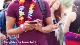  Presentation with music festival - Cool new PPT theme with close up of man looking at mobile phone as he waits behind barrier at entrance to music festival backdrop and a violet colored foreground