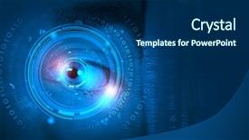  Presentation with eye - Colorful presentation design enhanced with close up of man's eye scanned for access backdrop and a navy blue colored foreground