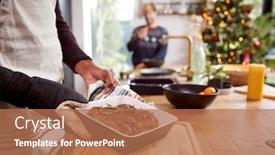  Presentation with nut - Presentation design having close up of man taking vegetarian nut roast out of oven for christmas dinner background and a coral colored foreground