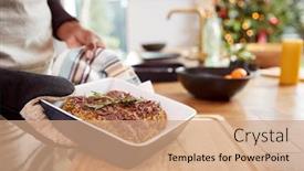  Presentation with christmas dinner - Cool new presentation design with close up of man taking vegetarian nut roast out of oven for christmas dinner backdrop and a coral colored foreground