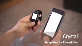  Presentation with smart watch red - PPT theme enhanced with close-up of man using background and a  colored foreground