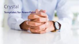  Presentation with globe hands cross - Presentation design having close up of man with crossed hands over white table background and a sky blue colored foreground