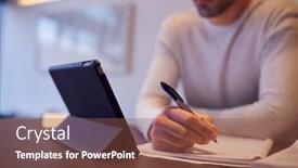  Presentation with using digital tablet - PPT theme enhanced with close-up-of-man background and a tawny brown colored foreground