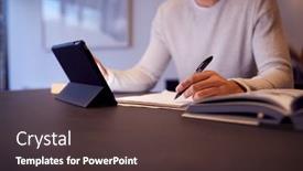  Presentation with using digital tablet - Beautiful PPT theme featuring close-up-of-man backdrop and a tawny brown colored foreground