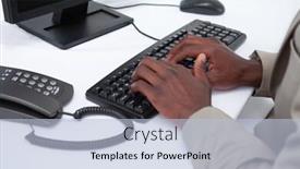  Presentation with masculine - Audience pleasing theme consisting of close up of masculine hands typing with a keyboard backdrop and a light blue colored foreground