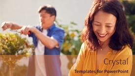  Presentation with home garden - Audience pleasing presentation theme consisting of close-up-of-mature-asian backdrop and a gold colored foreground