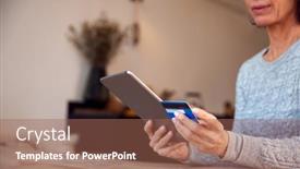  Presentation with using digital tablet - Presentation theme featuring close-up-of-mature-woman background and a violet colored foreground