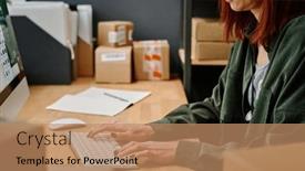  Presentation with monitor computer - Slide deck having close-up-of-mature-woman background and a coral colored foreground