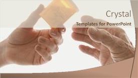  Presentation with elderly medication - Cool new slide set with close-up of mid-adult caucasian female's hand handing medication bottle to elderly caucasian male hand backdrop and a lemonade colored foreground