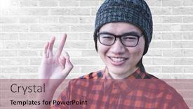  Presentation with millennial - Slide set with close up of millennial man making ok sign with flare against white brick wall background and a coral colored foreground