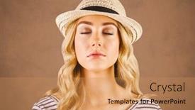  Presentation with millennial - Cool new slides with close up of millennial woman eyes closed against brown grunge background backdrop and a coral colored foreground