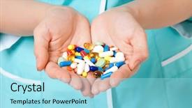  Presentation with pills - Amazing presentation design having close up of pills in woman hands backdrop and a arctic colored foreground