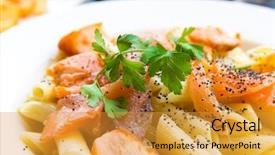  Presentation with salmon - PPT theme enhanced with close-up of plate of pasta and smoked salmon with tomato background and a gold colored foreground