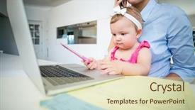  Presentation with baby sitting - Cool new presentation with close-up of playful baby girl sitting with mother by laptop at table backdrop and a soft green colored foreground