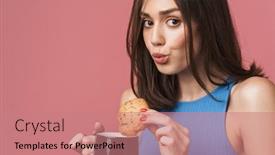  Presentation with chocolate chip cookie - Slide deck featuring close-up-of-portrait background and a coral colored foreground