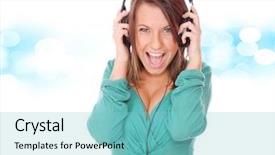  Presentation with pretty girl - Presentation theme consisting of close-up of pretty girl in headphones listening to music with pleasure background and a seafoam green colored foreground