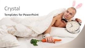  Presentation with rabbit - Audience pleasing presentation design consisting of close up of rabbit lying in bed with alarm and carrot backdrop and a white colored foreground