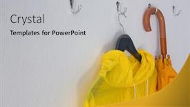  Presentation with umbrella - Cool new PPT layouts with close-up-of-raincoat backdrop and a light gray colored foreground