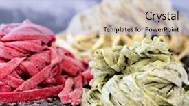  Presentation with beetroot - Cool new theme with close up of raw home hand made fresh pasta with variety of flavours beetroot herb spinach backdrop and a light blue colored foreground