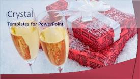  Presentation with flutes - PPT layouts with close-up of red giftboxes with two flutes of champagne near background and a sky blue colored foreground
