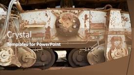  Presentation with excavator - PPT theme with close-up of rusty excavator bucket outdoors background and a coral colored foreground