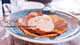  Presentation with mozzarella cheese - Audience pleasing PPT theme consisting of close up of salad with burrata cheese mozzarella and tomato with olive oil at restaurant backdrop and a coral colored foreground