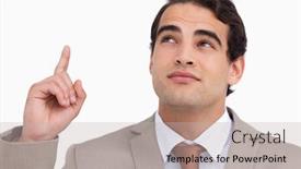  Presentation with salesman - Beautiful slides featuring close up of salesman looking and pointing up against a white background backdrop and a light gray colored foreground