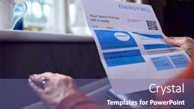  Presentation with energy crisis - PPT theme featuring close-up-of-senior-woman background and a ocean colored foreground