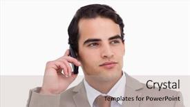  Presentation with salesman - Amazing theme having close up of serious salesman on his cellphone against a white background backdrop and a coral colored foreground